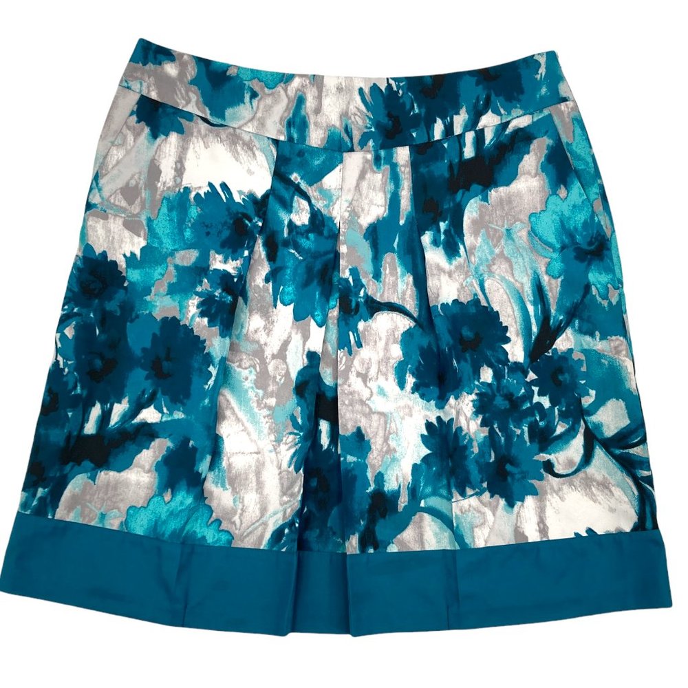 Ann Taylor Petites Teal Floral Watercolor Pleated A-Line Skirt - 10P